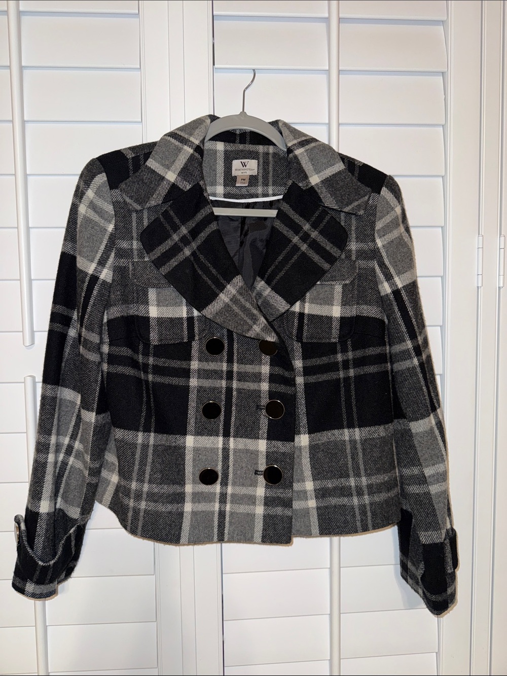 Worthington Black & Gray Plaid Double-Breasted Peacoat
